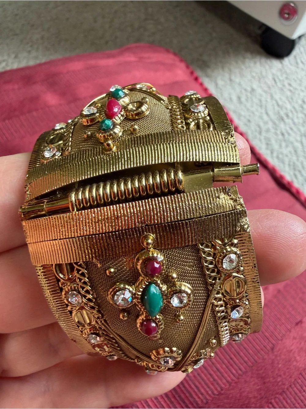 Vintage Etruscan Style Gold Tone Wide Cuff Bracelet Rhinestone Cabochon